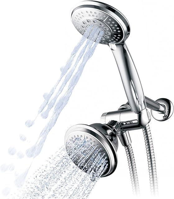 1433 Handheld Showerhead & Rain Shower Combo. High Pressure 24 Function 4" Face Dual 2 in 1 Shower Head System with Stainless Steel Hose, Patented 3-way Water Diverter in All-Chrome Finish