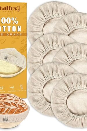 WALFOS 6 Packs Bread Basket Liner Cloth, 9 inch round bread proofing basket cloth liner, Baking Dough Basket Cover Natural Rattan Banneton Proofing Cloth