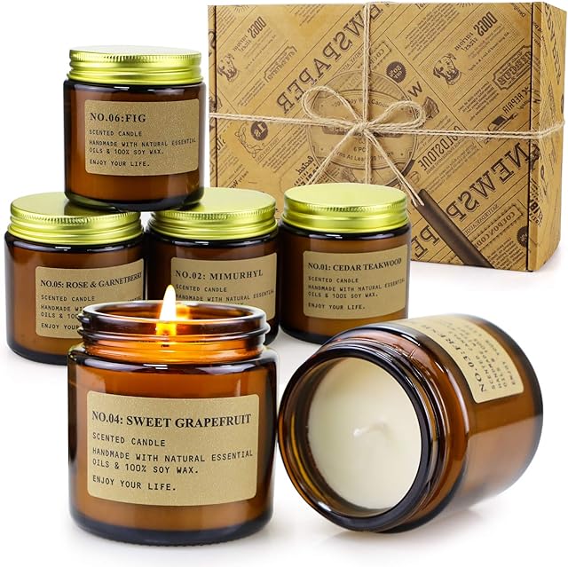 6 Pack Candles for Home Scented Aromatherapy Candle Gift Set for Women Soy Wax Long Lasting Amber Jar Candles Gift for Birthday Mother's Thanksgiving Day Present