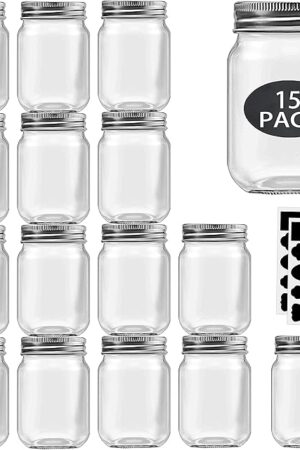 16 oz Mason Jars With Lids Regular Mouth 15 Pack-16oz Glass Jars with Silver Lids,Bulk Pint Clear Glass Jars For Meal Prep, Food Storage With 20 Labels