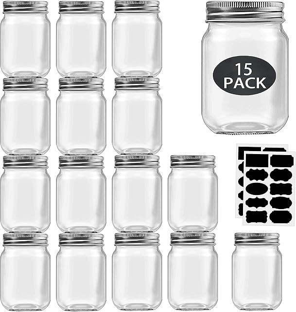 16 oz Mason Jars With Lids Regular Mouth 15 Pack-16oz Glass Jars with Silver Lids,Bulk Pint Clear Glass Jars For Meal Prep, Food Storage With 20 Labels