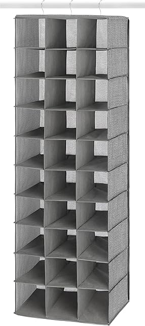 Whitmor 30 Sections Hanging Clothes Closet Organizer, Space Saving Breathable Fabric Shoe Storage for Bedroom, Laundry, Dorm, Crosshatch Gray