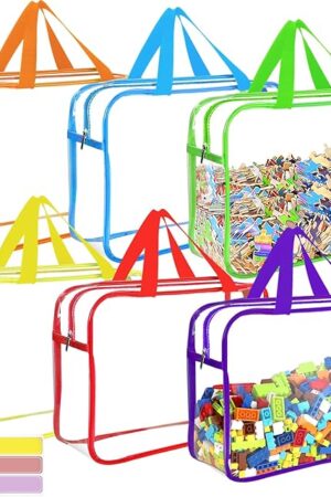 6 Packs Large Toy Storage Bags with Labels, Reusable Clear PVC Board Game Storage, Travel Waterproof Organizer Bags with Zipper for Building Blocks, Puzzle, Kids Books（6 Colors）