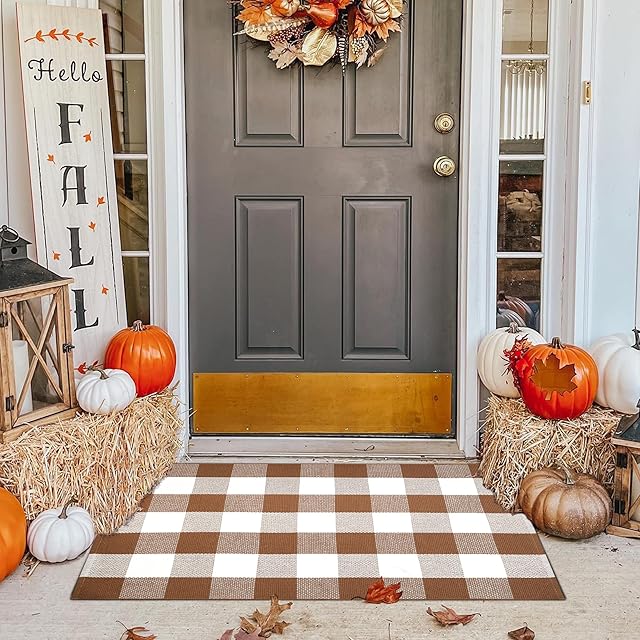 Ckorzen Coffee and White Plaid Rug,28" x 43" Outdoor Front Porch Door Decor Mat, Washable Cotton Woven Farmhouse Area Rug for Layered Door Mats Carpet, Entryway, Easter Décor