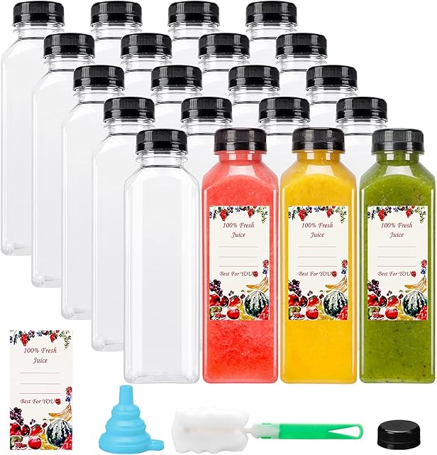 SUPERLELE 20pcs 16oz Juice Bottles, Plastic Juicing Bottles with Caps, Clear Drink Containers with Lids for Drinking, Smoothie and Other Beverages