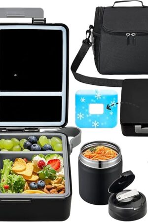 Bento Lunch Box for Kids with 17oz Soup Thermo,Insulated Tumbler Water Bottle and Insulated Lunch Bag,Leak-Proof 3 Compartment Lunch Food Container with with Ice Pack for Kids to School-Black