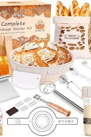 Complete Sourdough Starter Kit - 24 PCS ??????? Sourdough Bread Baking Supplies for Modern Kitchen, 9" Round Banneton Bread Proofing Baskets Making Tools for Beginners & HomeBakers
