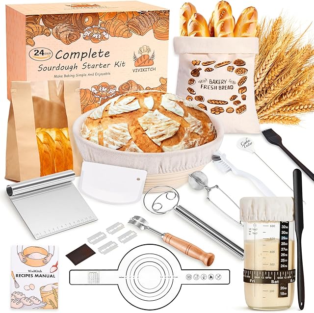 Complete Sourdough Starter Kit - 24 PCS ??????? Sourdough Bread Baking Supplies for Modern Kitchen, 9" Round Banneton Bread Proofing Baskets Making Tools for Beginners & HomeBakers
