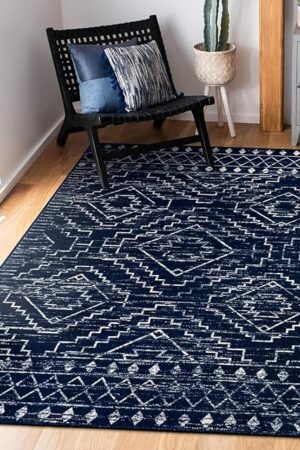 Wonnitar Moroccan Washable Rug 3x5, Blue Non-Slip Entryway Area Rug, Soft Farmhouse Bedroom Throw Mat, Geometric Low Pile Scandinavian Accent Carpet for Entry Kitchen Basement (Blue,3'x5')