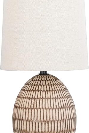 Xtreme Ceramic Table Lamp with Shade, 12.75? inch Carved Textured Table Lamp, Brown Modern Lamp with Beige Shade, Small Bedside Lamp for Bedroom Nightstand, Living Room, Requires E26 Bulb