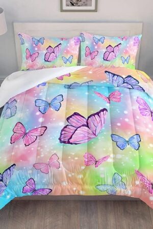 Bedding Comforter Set Rainbow Butterfly Printed Pattern 1 and 2 Pillowcases Twin 68x86inches