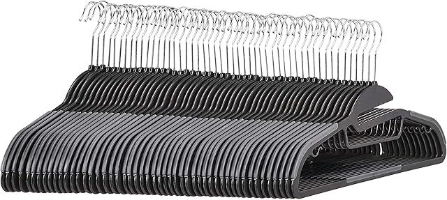 Amazon Basics Non-slip Heavy Duty Plastic Hanger with Rubber and Horizontal Bar, Pack of 50, Gray