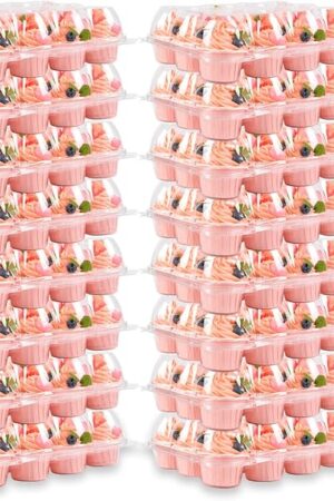 Cupcake Containers Holder - 12 Counts x 16 Sets Stackable Cupcake Boxes Carrier with 200 Pack Liners, Plastic Disposable Clear Cupcake Storage Tray with Detachable Dome Lid for Mini Individual Cake