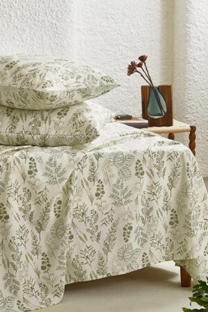 Wake In Cloud - Botanical Bed Sheets, 4-Piece Sheet Set, Floral Shabby Chic Leaves Pattern Printed Coquette Vintage Aesthetic Bedding, Deep Pocket, Olive Green, King Size