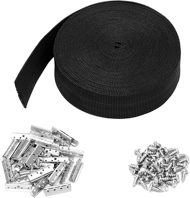 2 Inch Wide x 40 ft Chair Webbing Replacement Kit Upholstery Webbing Elastic Band to Repair Sagging Couch Chair Patio Furniture Metal Clips Patio Strap Repair Kit for Furniture(Black)