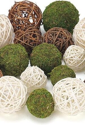 18Pcs Decorative Balls for Centerpiece Bowl - 6Pcs Fake Moss Balls + 12Pcs Rattan Wicker Balls, Artificial Moss Decorative Balls Vase Fillers for Home Garden Wedding Party Decor (Rustic)