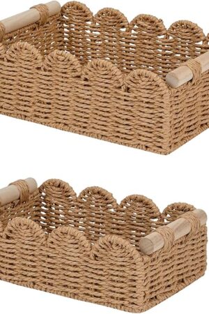 CubesLand Paper Rope Scalloped Edge Decor Baskets for Home, Living Room, Bedroom, Toilet Basket for Over Toilet Storage Shelf, End Table, Shelves and More, Both Storage&Decor, Set 2 Neutral