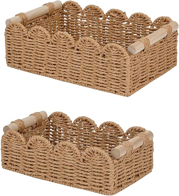 CubesLand Paper Rope Scalloped Edge Decor Baskets for Home, Living Room, Bedroom, Toilet Basket for Over Toilet Storage Shelf, End Table, Shelves and More, Both Storage&Decor, Set 2 Neutral