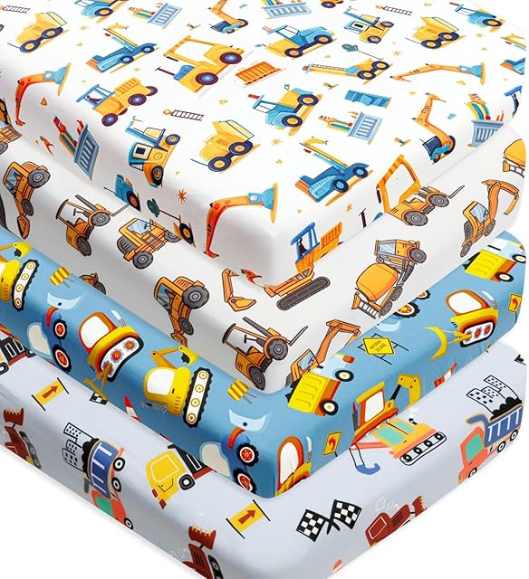 4 Pack Crib Sheets Soft Fitted Construction Truck Baby Boy