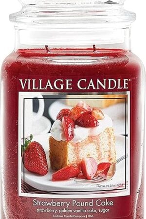 Village Candle Strawberry Pound Cake, Large Glass Apothecary Jar Scented Candle, 21.25 oz, Red