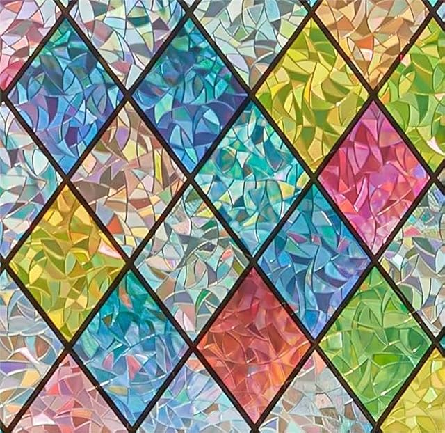 Window Privacy Film Stained Glass Decorative 3D Static Clings Rainbow Window Cling Colorful for Home Decoration, Anti-UV & Heat Control Non-Adhesive (17.5"x78.7")