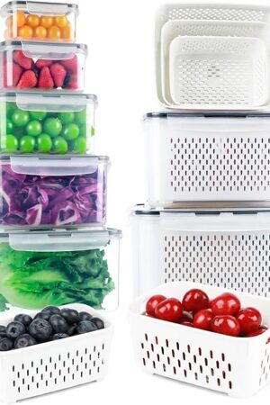 7 PCS Fruit Storage Containers for Fridge - Fruit Containers for Refrigerator with Removable Colander - Airtight Food Storage Container Keep Produce Vegetables Berry Fresh Longer