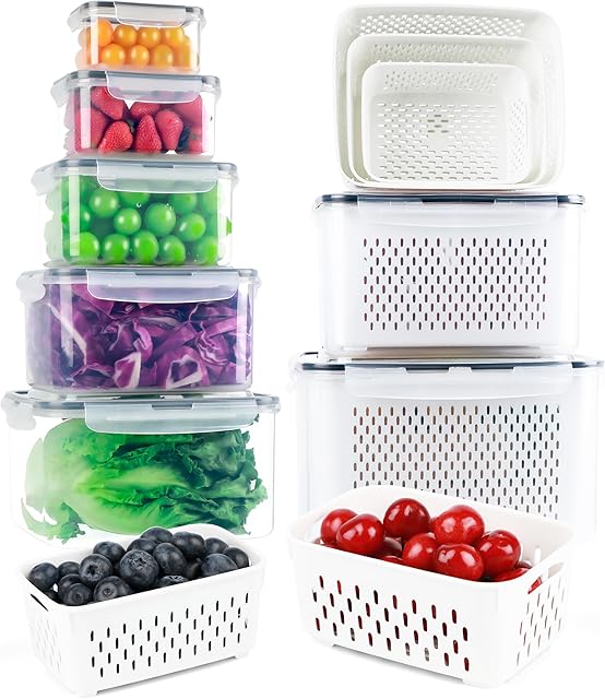 7 PCS Fruit Storage Containers for Fridge - Fruit Containers for Refrigerator with Removable Colander - Airtight Food Storage Container Keep Produce Vegetables Berry Fresh Longer
