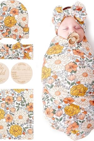 DRESHOW BQUBO Baby Girl Newborn Floral Receiving Blankets with Bow Hat Headband Wooden Birth Announcement Card Set Newborn Baby Swaddling Hats Sleepsack Toddler Warm Shower Gift