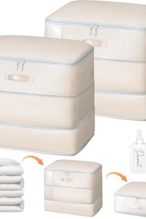 Comforter Storage Bag - Large Capacity Blanket Storage Bags 3-Layer Ultra Space Saving Self Compression Organizer, Washable Compression Bags for Storage Comforter Blanket, 2-Pack, Beige