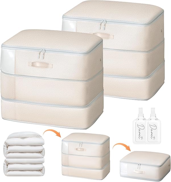 Comforter Storage Bag - Large Capacity Blanket Storage Bags 3-Layer Ultra Space Saving Self Compression Organizer, Washable Compression Bags for Storage Comforter Blanket, 2-Pack, Beige