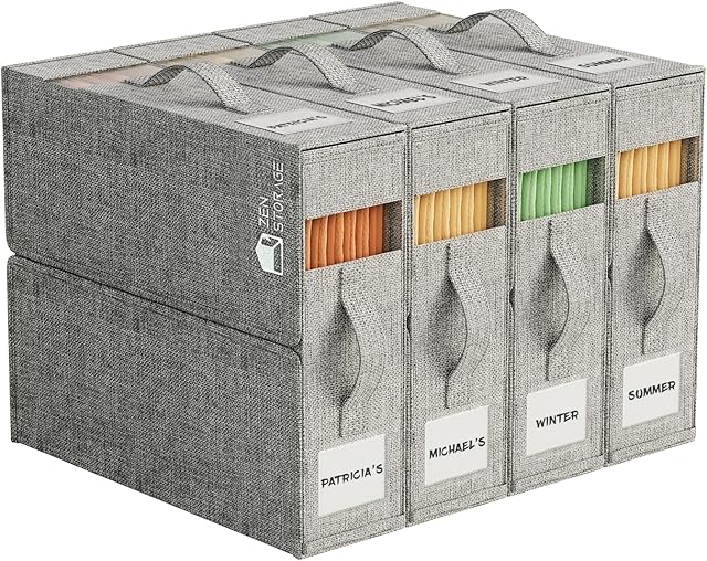 4Pack Sheet Organizers for Linen Closet - King/Queen Size Bedding Storage Boxes with Clear Window, Foldable & Dustproof Linen Organizer for Blankets & Sheet Sets,Grey