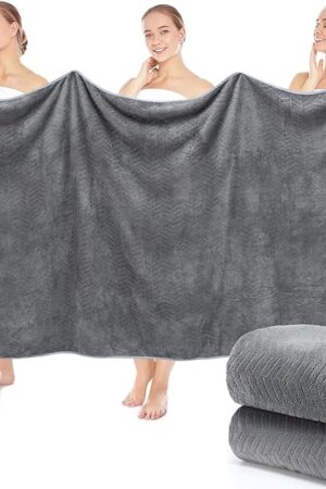2 Pack 40 x 80 Inch Jumbo Extra Large Bath Sheet Towels Set, Oversized Quick Dry Coral Fleece Bath Sheets, Absorbent and Soft, Lightweight Towels for Home, Gym, Travel, Beach (Gray)
