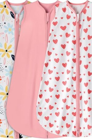 3 Pack Baby Sleep Sack 0-6 Months 100% Rayon Cotton Baby Sleeping Bag 2-Way Zipper Toddler Wearable Blankets Comfy Stretchy Lightweight TOG 0.3 （Heart&Pink&Floral）