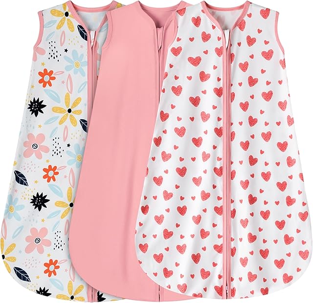 3 Pack Baby Sleep Sack 0-6 Months 100% Rayon Cotton Baby Sleeping Bag 2-Way Zipper Toddler Wearable Blankets Comfy Stretchy Lightweight TOG 0.3 (Heart&Pink&Floral)