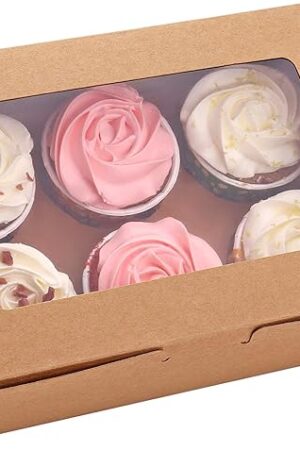30-Set Cupcake Boxes with Inserts and Window Hold 6 Cupcakes, 9.4'' x 6.3'' x 3'', Brown Food Grade Kraft Cupcake Holder for Cookies, Muffins, Bakeries