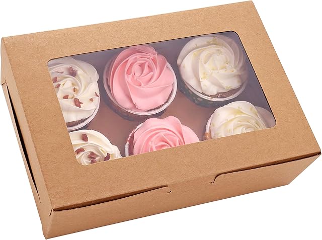 30-Set Cupcake Boxes with Inserts and Window Hold 6 Cupcakes, 9.4'' x 6.3'' x 3'', Brown Food Grade Kraft Cupcake Holder for Cookies, Muffins, Bakeries