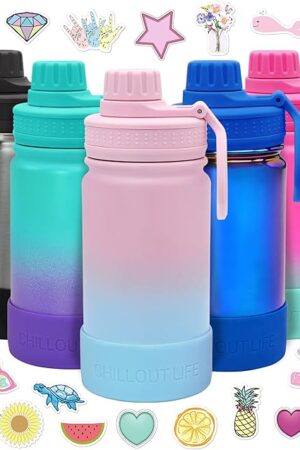 CHILLOUT LIFE 12 oz Kids Insulated Water Bottle for School with Leakproof Spout Lid and Cute Waterproof Stickers, Personalized Stainless Steel Thermos Flask Metal Water Bottle For Girls & Boys