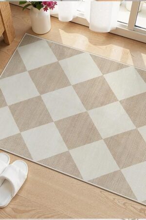 Beeiva Checkered Print Washable Indoor Door Mats for Entryway, 2x3 Non Slip Ultra Thin Bathroom Rugs Fit Under Door, Moroccan Diamond Decor Beige Small Rugs for Bedroom Kitchen Laundry Entrance