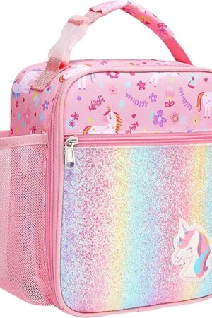 Bagseri Kids Lunch Box Girls - Insulated Kids Lunch Bag for Girls Portable Reusable Toddler Lunch Cooler Bag for School, Water-resistant Lining（Glitter Unicorn,Pink）