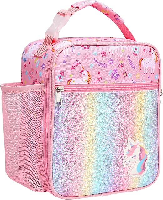 Bagseri Kids Lunch Box Girls - Insulated Kids Lunch Bag for Girls Portable Reusable Toddler Lunch Cooler Bag for School, Water-resistant Lining(Glitter Unicorn,Pink)