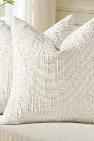 decorUhome Fall Cream White Chenille Throw Pillow Covers 18x18 Set of 2 Thick Textured Slubby Couch Pillow Covers Farmhouse Accent Modern Neutral Decorative Pillow Cases for Bed Sofa Living Room