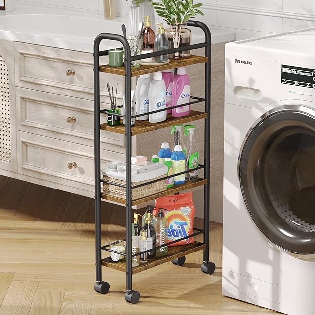 Slim Storage Cart, 4 Tier Rolling Utility Cart on Wheels, Slim Bathroom Storage for Small Spaces in Kitchen, Dining Room, Bathroom, Laundry Room Rustic Brown