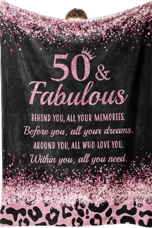 50th Birthday Gifts for Her- 50 and Fabulous Cheetah Leopard Print Flannel Blanket- 50 Years Old Gifts for Women, 50th Birthday Gifts for Women, Friends, Mom, Wife, Aunt, Sister, 60"*50"