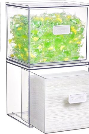 Vtopmart 2 Pack Dryer Sheet Holder and Laundry Pods Container,Clear Stackable Storage Drawers for Washing Powder, Scent Booster Beads, Color Catchers & Wool Balls, Ideal for Laundry Room Organization