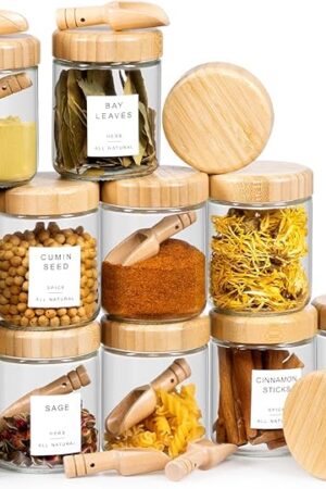12-pack 10oz Glass Spice Jars with Labels, Spice Containers with 12 Wooden Spoons, Airtight Seasoning Containers with Bamboo Lids