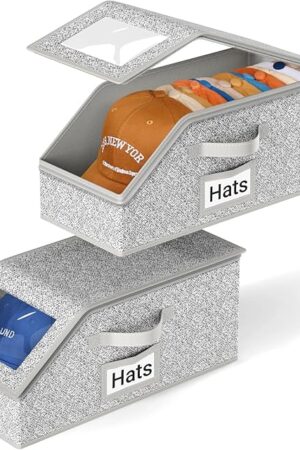 AOODA 2 PCS Stackable Hat Storage for Baseball Caps, Holds up to 24 Caps Hat Organizer for Closet, Sturdy Snapback Boxes for Men with Cardboard, Grey