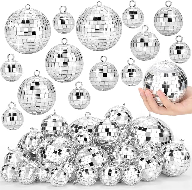 26 PCS Disco Ball, 5 Sizes Disco Ball Ornaments Mini Mirror Silver Disco Balls Cake Topper Disco Themed Party Christmas Tree Ornaments Supplies (3.2inch, 2.4 Inch, 2 Inch, 1.6 Inch, 1.2 Inch)