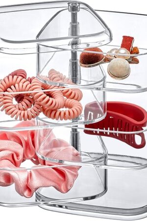 Amazing Abby - Inspire - 4-Tier Acrylic Hair Accessories Organizer with Lid, Plastic Jewelry Holder, Rotating Makeup Accessories Container, Beauty Supply Storage, Clear, Square (4.5" x 4.5")