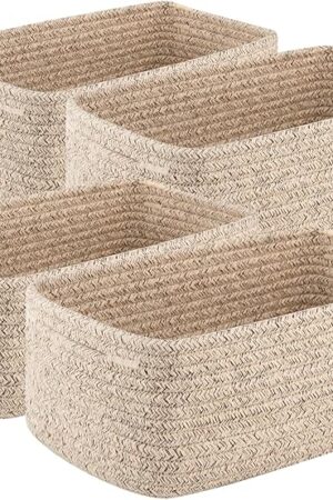 4 Pack Small Storage Shelf Baskets for Organizing, Mini Woven Rope Storage Bins for Towels, Cute Decorative Closet Organizer，Baby Nursery, Gift Empty Baskets -11.81''Lx7.87''Wx4.72''H'-Brown
