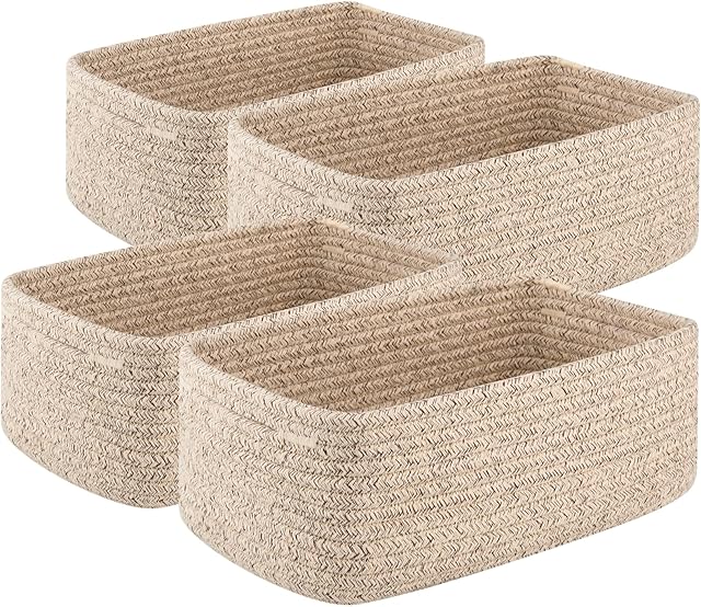 4 Pack Small Storage Shelf Baskets for Organizing, Mini Woven Rope Storage Bins for Towels, Cute Decorative Closet Organizer,Baby Nursery, Gift Empty Baskets -11.81''Lx7.87''Wx4.72''H'-Brown